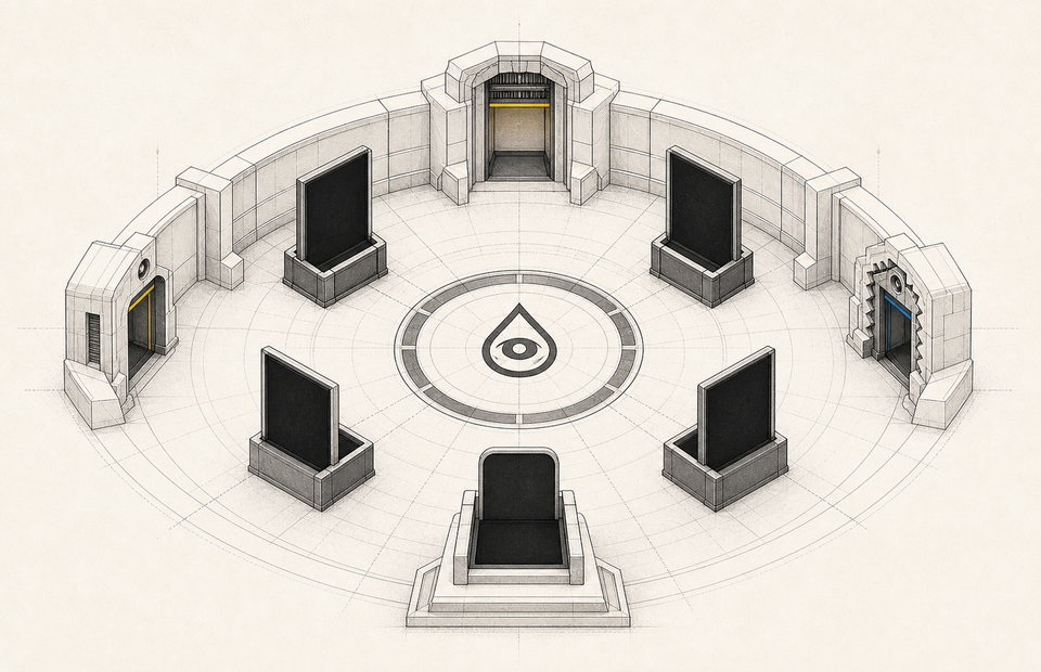 An architectural Council chamber with four signal plinths, three decision gates, and an open fifth seat.