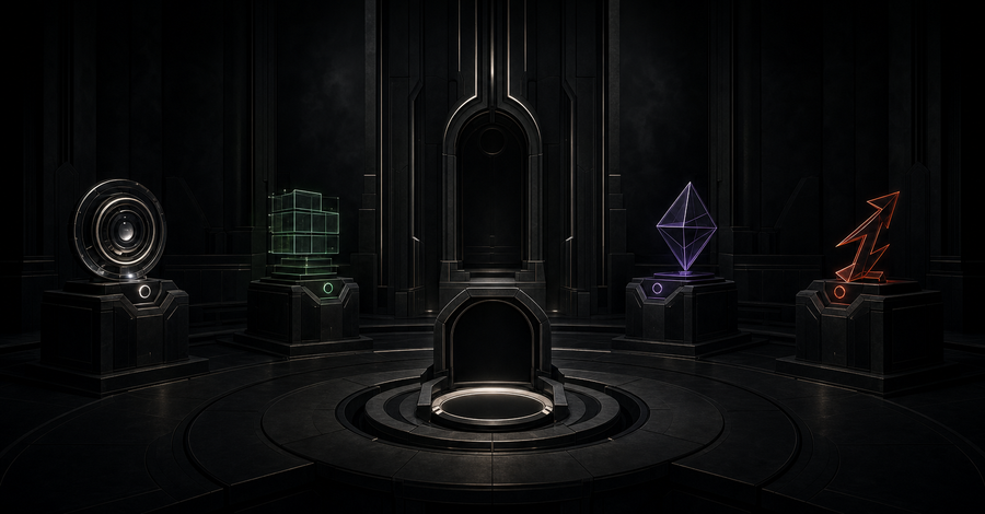 A dark Council broadcast chamber with four abstract signal podiums and one empty central fifth-seat aperture.